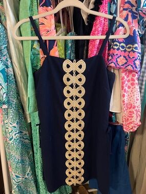 Lilly Pulitzer Navy Mini Dress Romper with Gold Center Embroidery